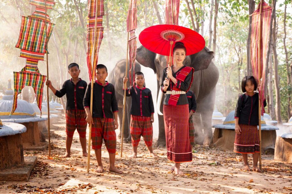 Spirit Of Asia,thailand Countryside; Farmer And Elephant On The Background Of Sunrise. Asian Culture